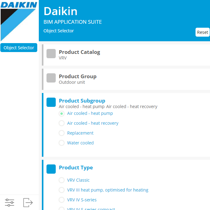 Daikin | Odabir rashladnog uređaja na web stranici